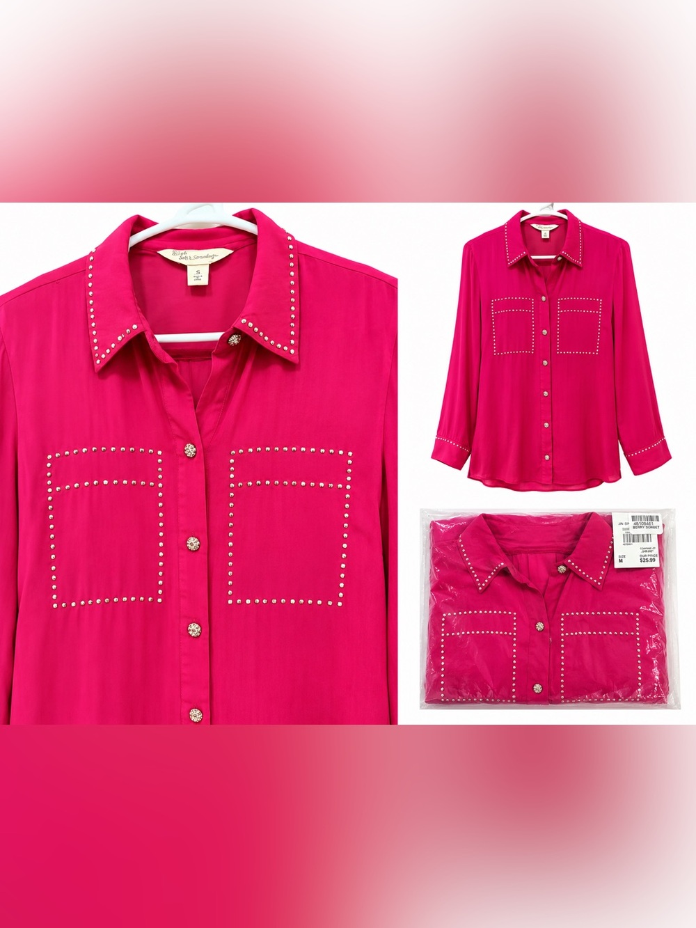 NWT Soft Surroundings Pink Studded Button Front Blouse Size M